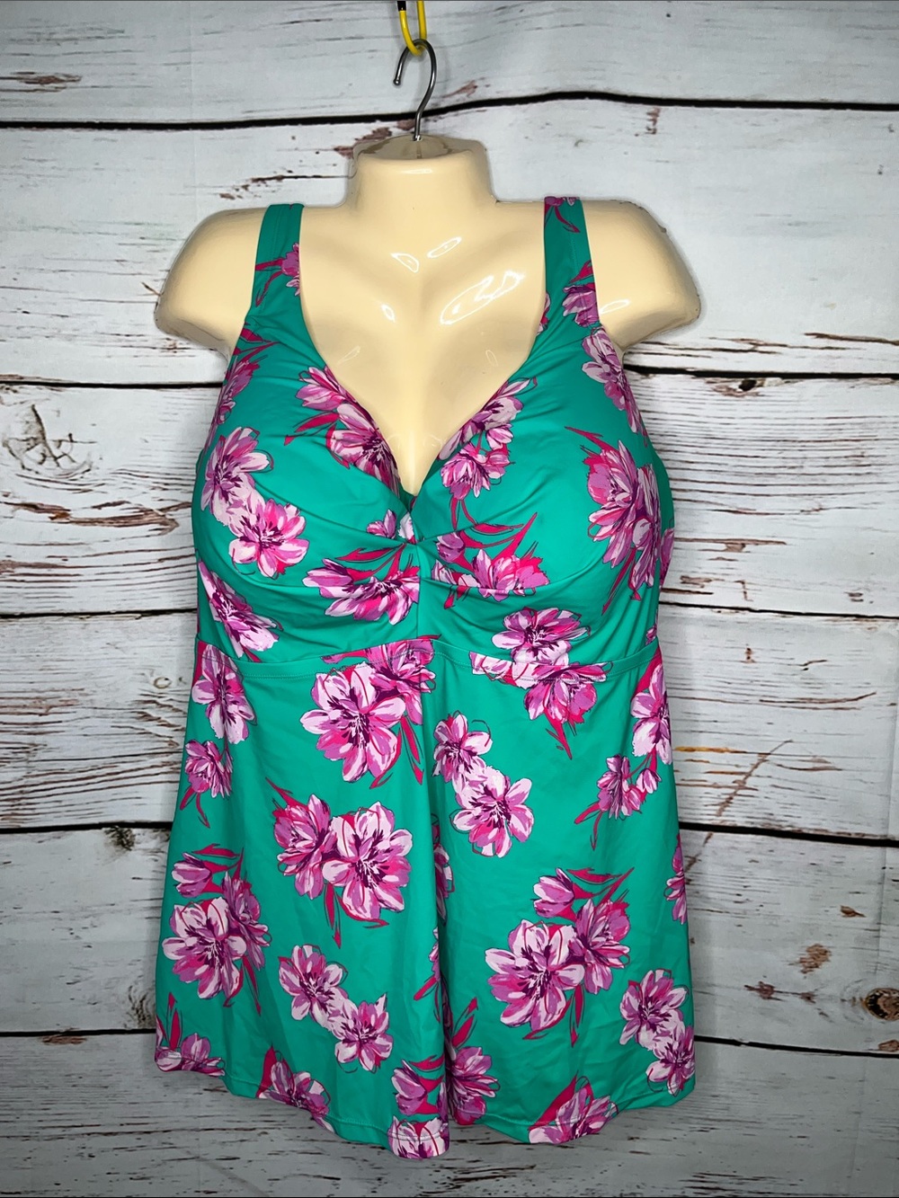 Swimsuits For All 44G Turquoise Floral Underwire Bathing Suit Tankini Swim Top